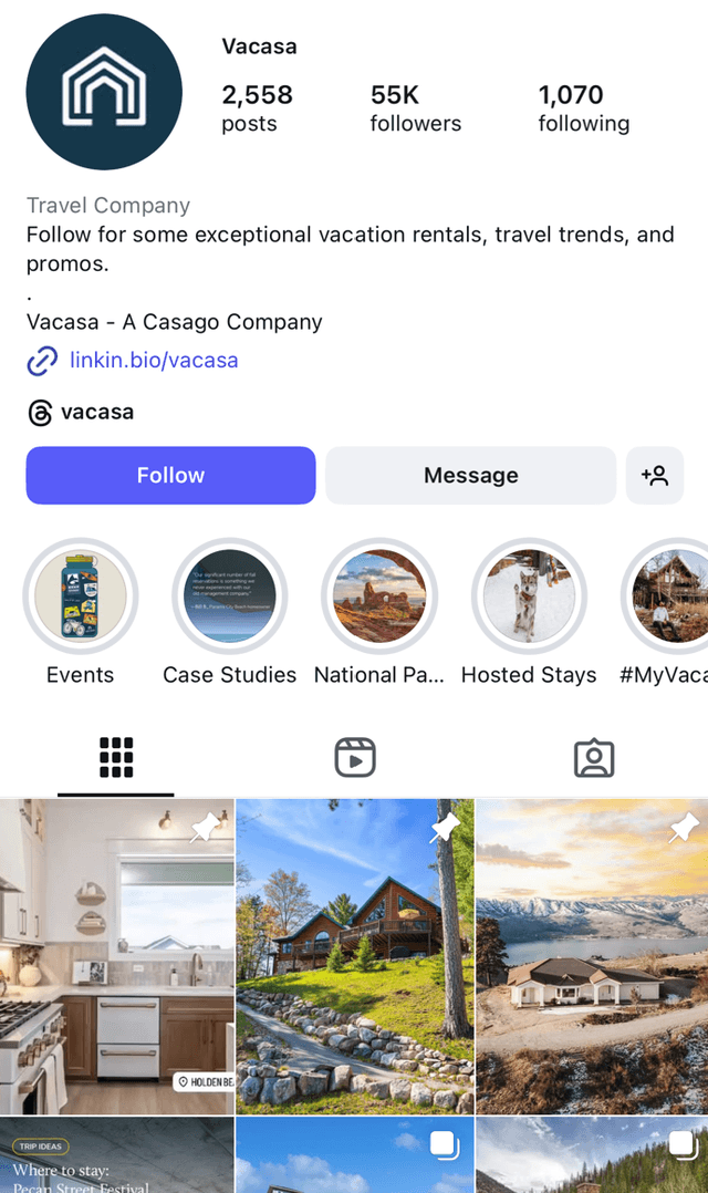 Vacasa Instagram Profile - 55K followers