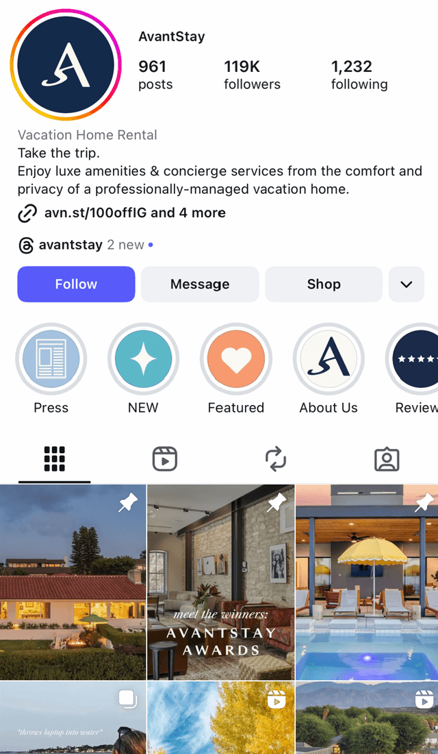 AvantStay Instagram Profile - 119K followers