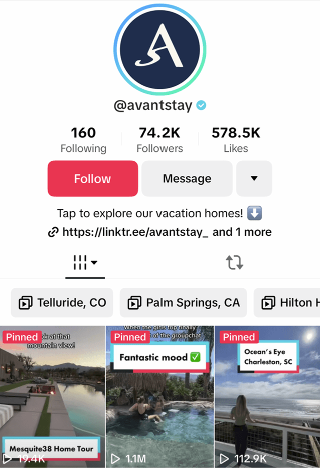 AvantStay TikTok Profile - 74.2K followers